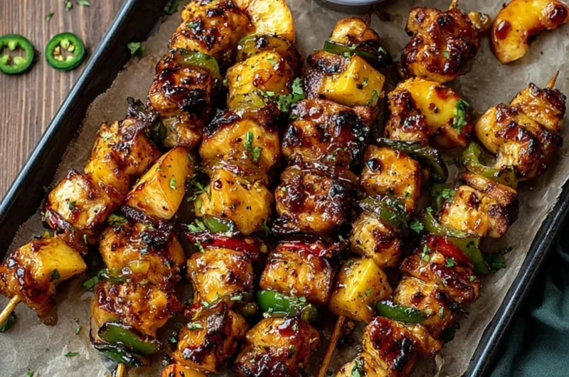 Jalapeno Peach Chicken Skewers arranged on a platter for grilling