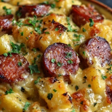 Delicious kielbasa sausage cheesy potato casserole served in a baking dish.