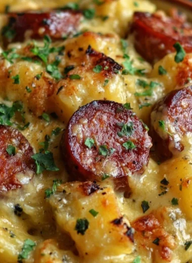 Delicious kielbasa sausage cheesy potato casserole served in a baking dish.