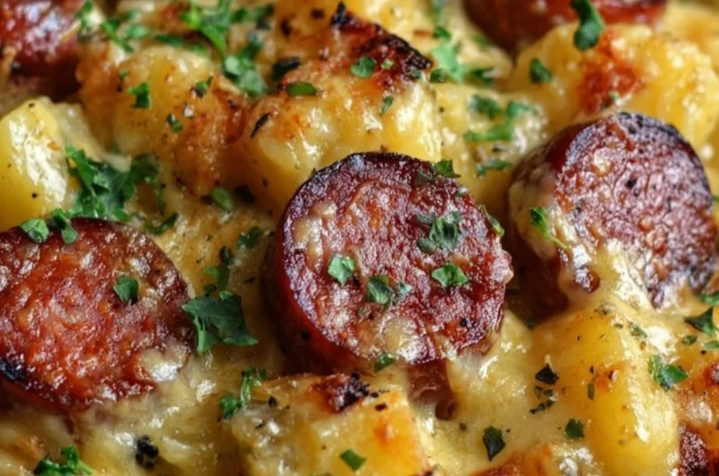 Delicious kielbasa sausage cheesy potato casserole served in a baking dish.