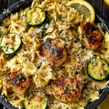 Plate of lemon chicken pasta garnished with herbs and lemon slices