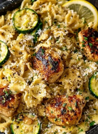 Plate of lemon chicken pasta garnished with herbs and lemon slices