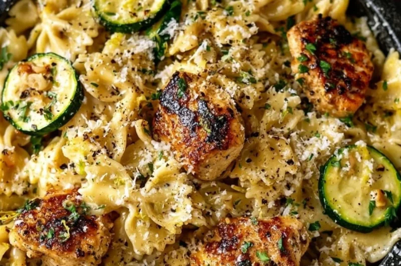 Plate of lemon chicken pasta garnished with herbs and lemon slices