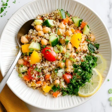 Bowl of Lemon Quinoa Salad with chickpeas, fresh herbs, and lemon wedges