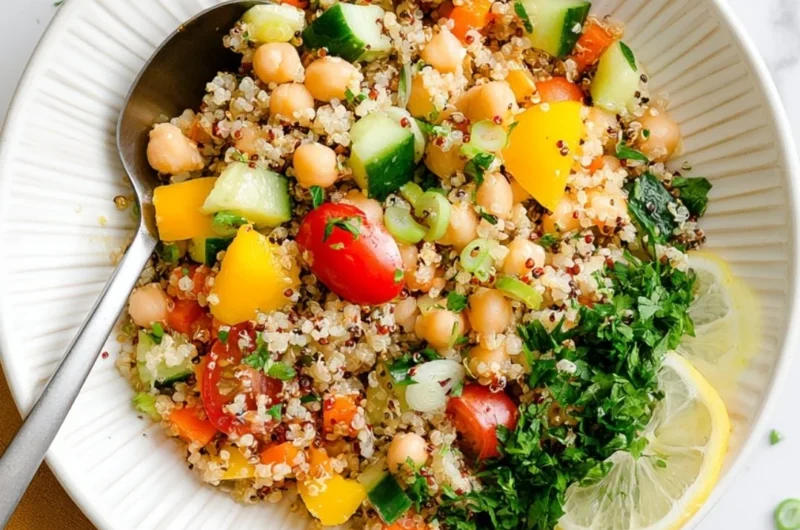 Bowl of Lemon Quinoa Salad with chickpeas, fresh herbs, and lemon wedges
