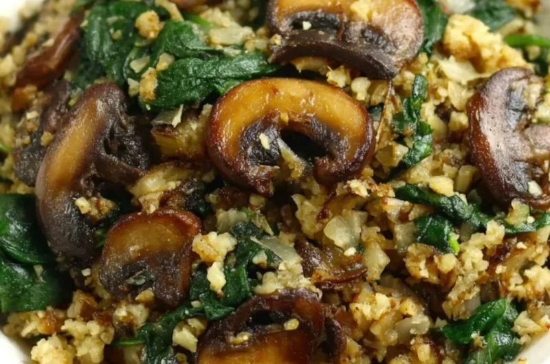 Mushroom and spinach sautéed with cauliflower rice for a healthy meal