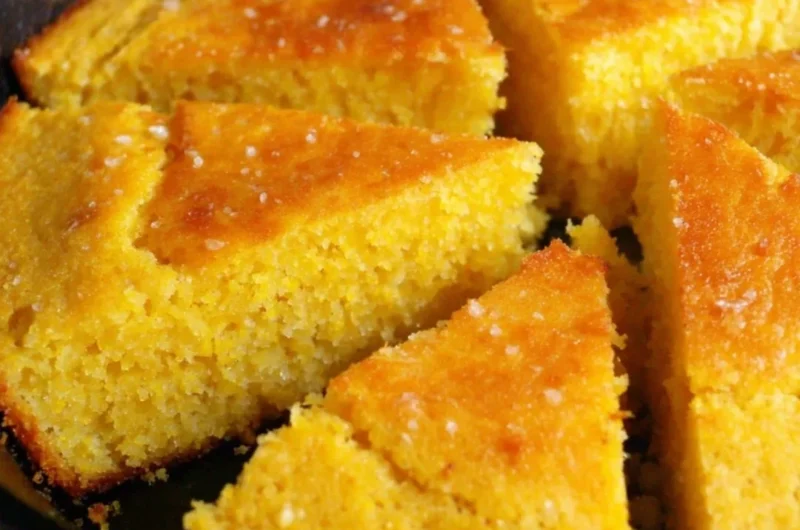 Slice of old-fashioned cornbread served on a plate with butter melting on top