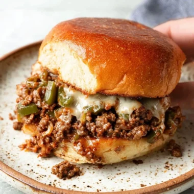 Philly Cheesesteak Sloppy Joes topped with melted cheese and peppers