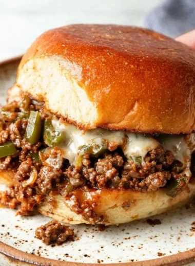 Philly Cheesesteak Sloppy Joes topped with melted cheese and peppers
