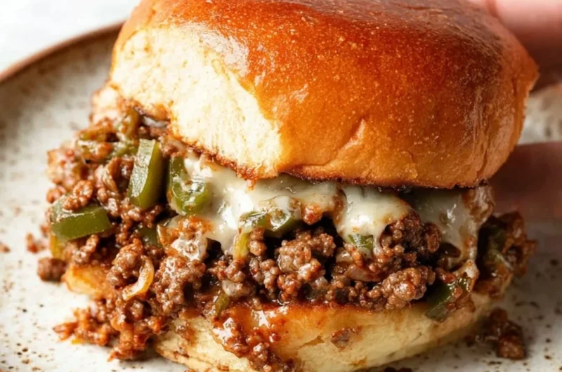 Philly Cheesesteak Sloppy Joes topped with melted cheese and peppers