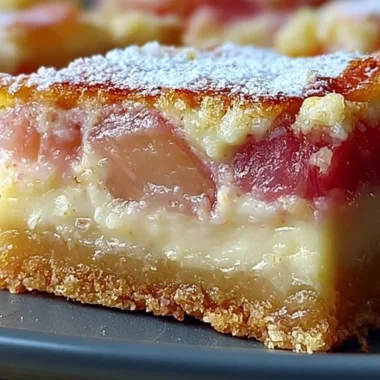 Delicious rhubarb custard bars with a creamy custard filling and tart rhubarb topping.