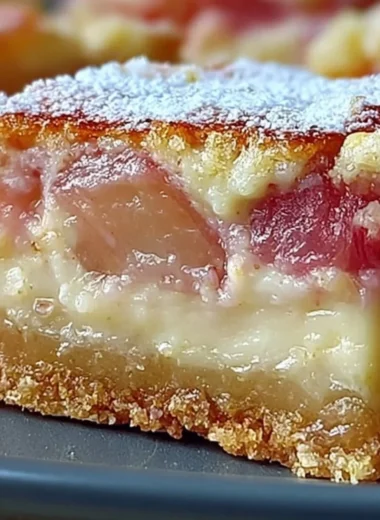 Delicious rhubarb custard bars with a creamy custard filling and tart rhubarb topping.
