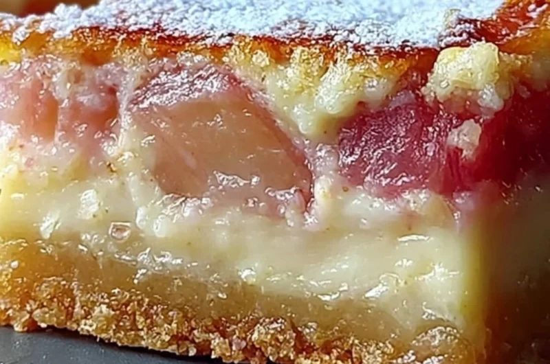 Delicious rhubarb custard bars with a creamy custard filling and tart rhubarb topping.