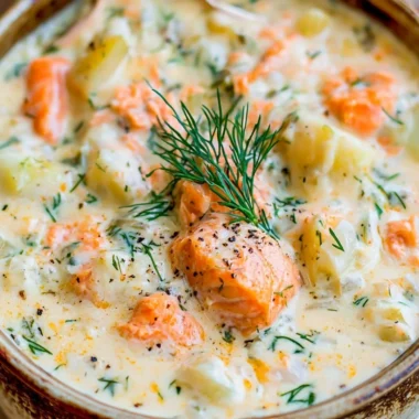 Bowl of creamy salmon chowder soup garnished with herbs