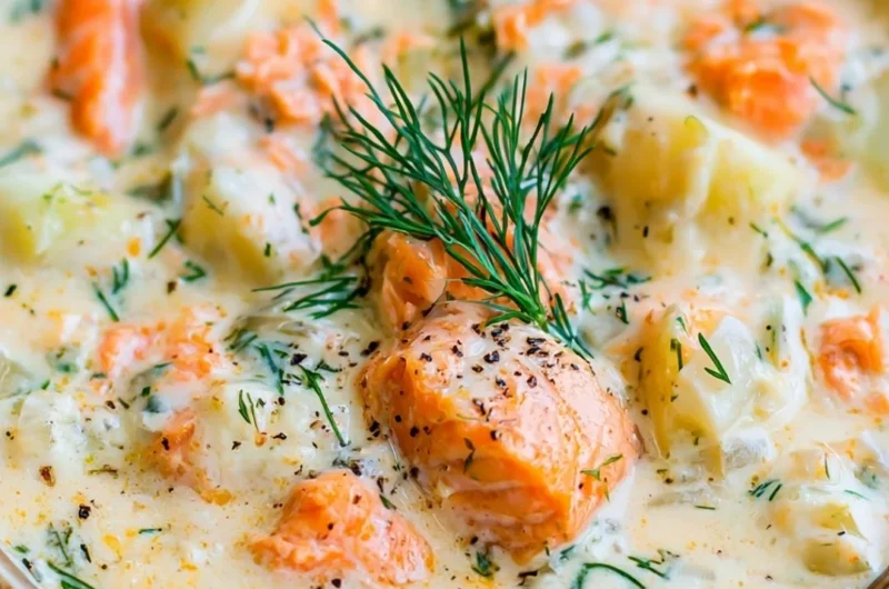 Bowl of creamy salmon chowder soup garnished with herbs