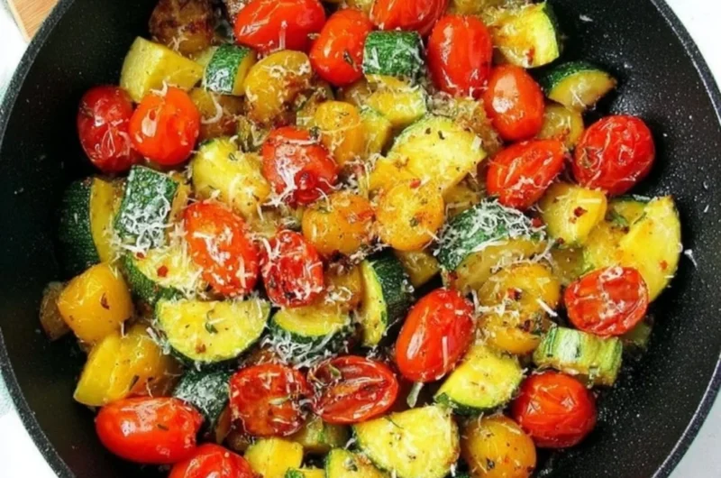 Sautéed summer squash dish served on a plate with herbs and spices