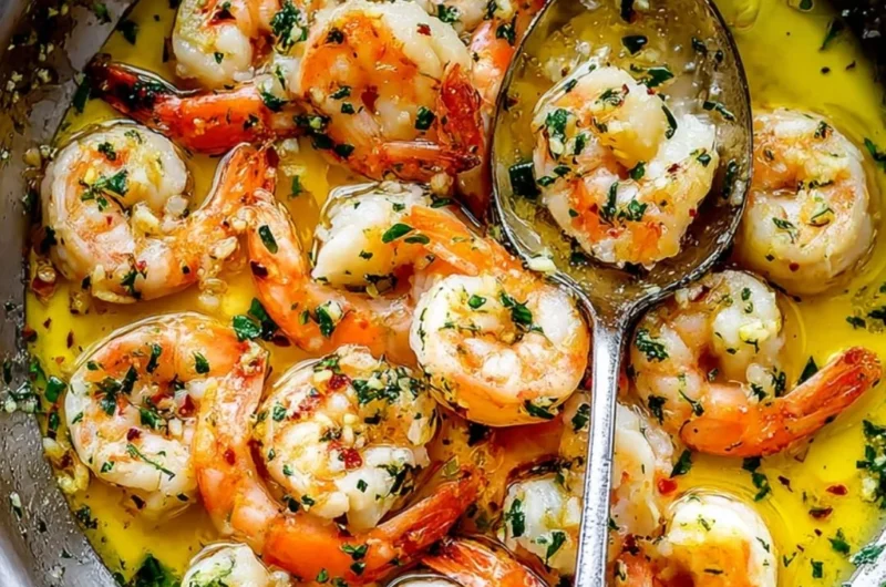 Plate of shrimp scampi with garlic, butter, and parsley garnish.