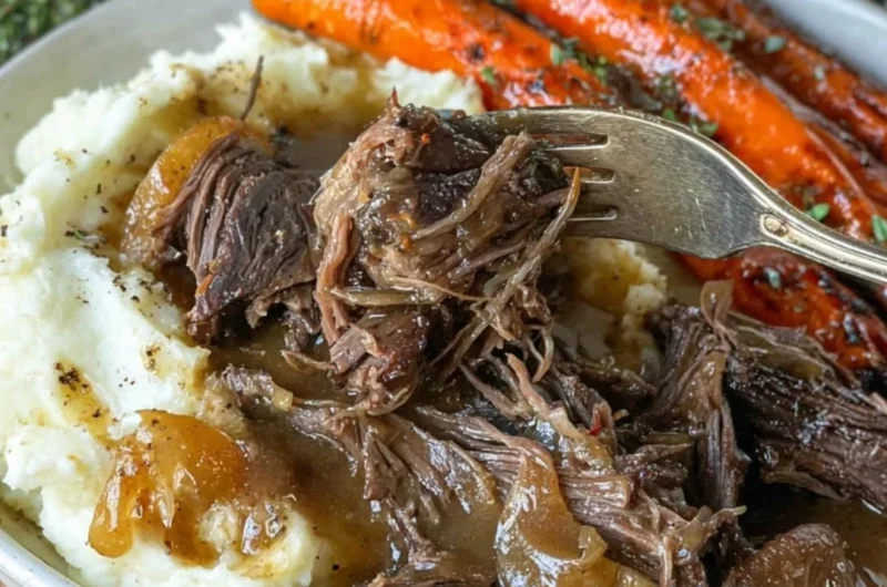 Slow Cooker Classic Pot Roast served with vegetables on a rustic table