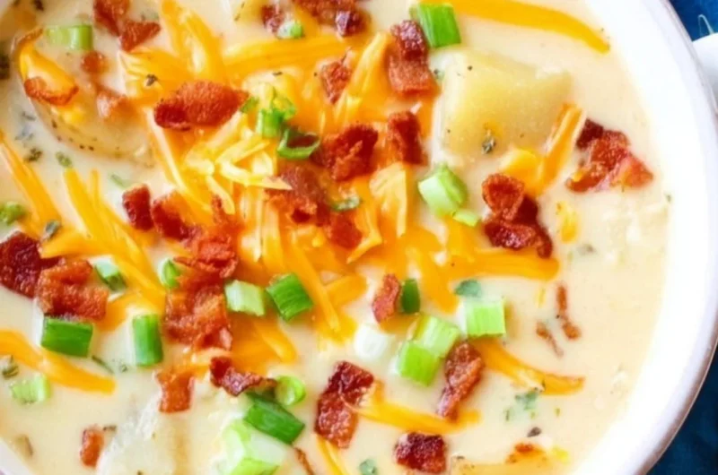 Bowl of creamy Slow Cooker Potato Soup garnished with green onions.