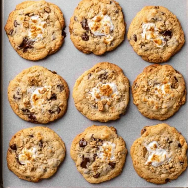 Delicious smores cookies with chocolate, marshmallow, and graham cracker layers.