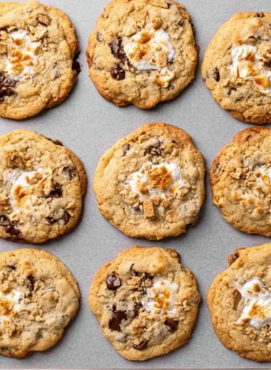 Delicious smores cookies with chocolate, marshmallow, and graham cracker layers.
