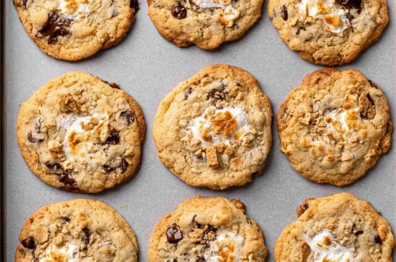 Delicious smores cookies with chocolate, marshmallow, and graham cracker layers.