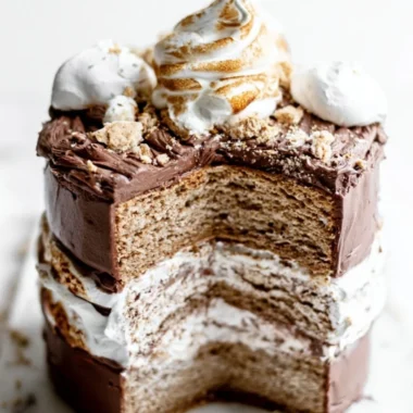 Delicious S'mores Layer Cake with chocolate, marshmallows, and graham crackers