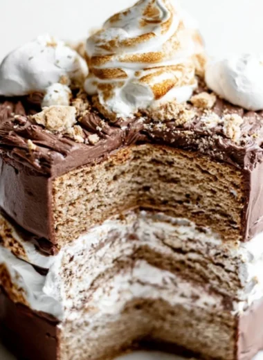Delicious S'mores Layer Cake with chocolate, marshmallows, and graham crackers