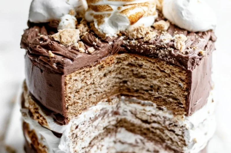 Delicious S'mores Layer Cake with chocolate, marshmallows, and graham crackers