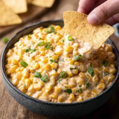 Bowl of Southwest Corn Dip served with tortilla chips on a rustic table.
