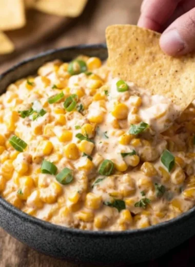 Bowl of Southwest Corn Dip served with tortilla chips on a rustic table.