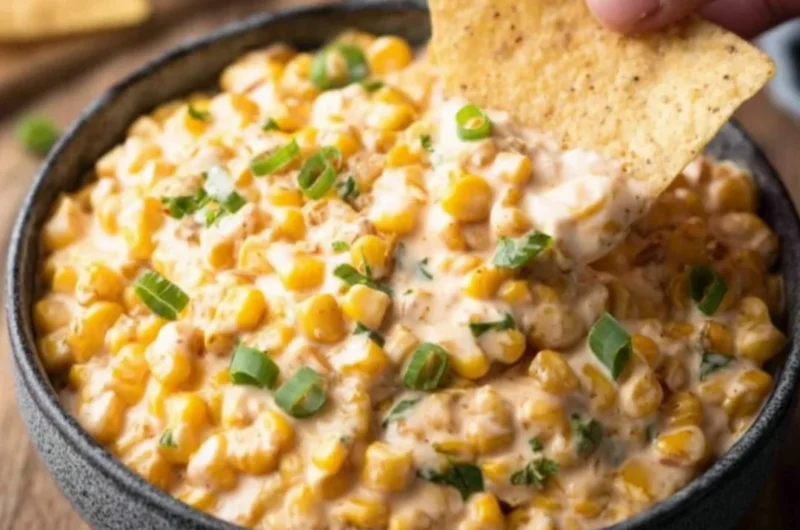 Bowl of Southwest Corn Dip served with tortilla chips on a rustic table.