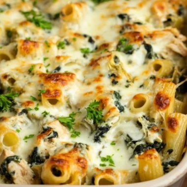 Creamy Spinach Artichoke Chicken Casserole in a baking dish