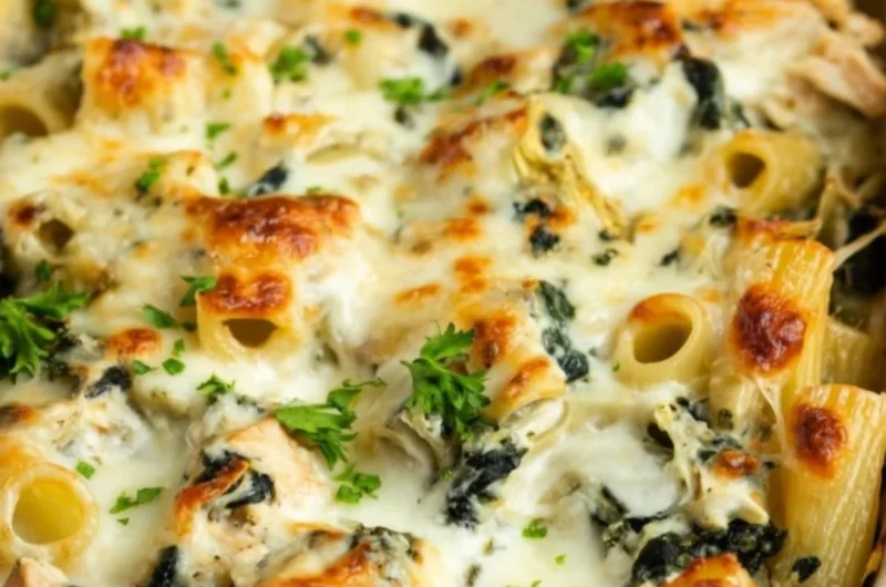 Creamy Spinach Artichoke Chicken Casserole in a baking dish