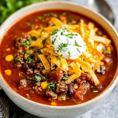 Bowl of savory Taco Soup garnished with cheese and cilantro
