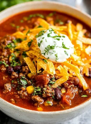 Bowl of savory Taco Soup garnished with cheese and cilantro