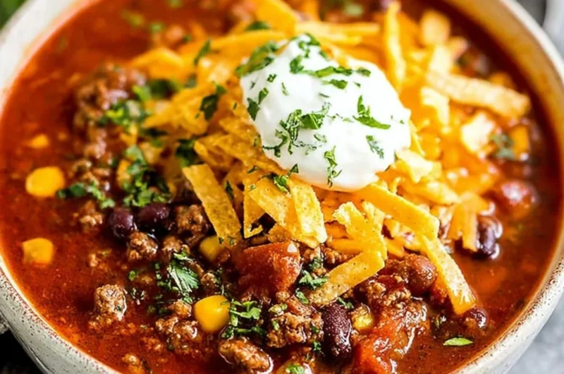 Bowl of savory Taco Soup garnished with cheese and cilantro