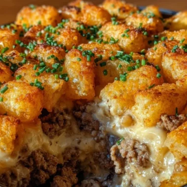 Tater tot casserole with ground beef, topped with cheese and crispy tots