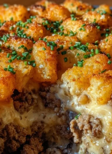 Tater tot casserole with ground beef, topped with cheese and crispy tots
