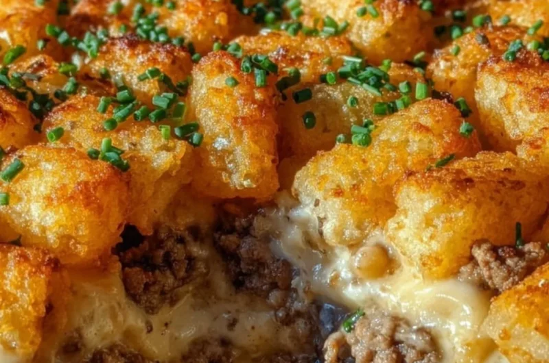 Tater tot casserole with ground beef, topped with cheese and crispy tots