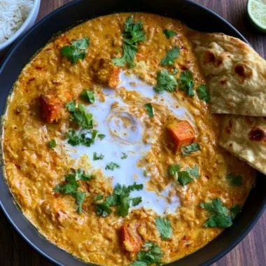 Bowl of vegan red lentil sweet potato curry with fresh herbs and spices