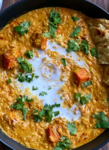 Bowl of vegan red lentil sweet potato curry with fresh herbs and spices