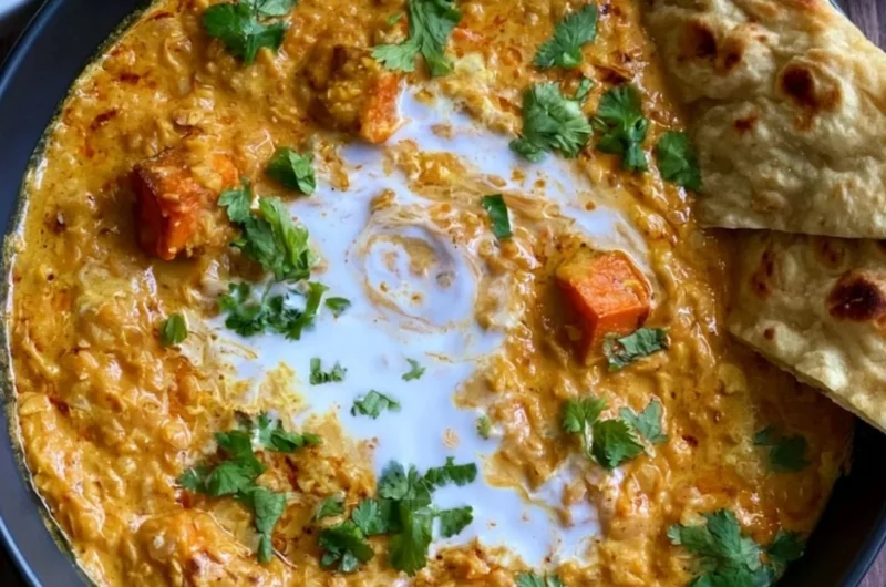 Bowl of vegan red lentil sweet potato curry with fresh herbs and spices
