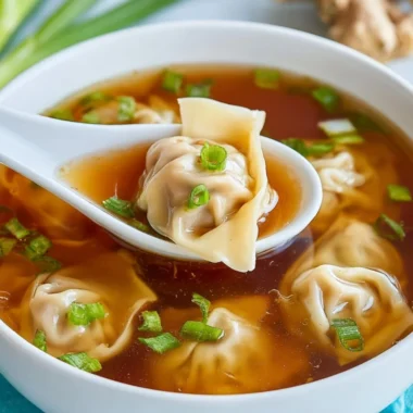 Delicious bowl of wonton soup with fresh herbs and dumplings