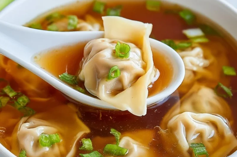 Delicious bowl of wonton soup with fresh herbs and dumplings