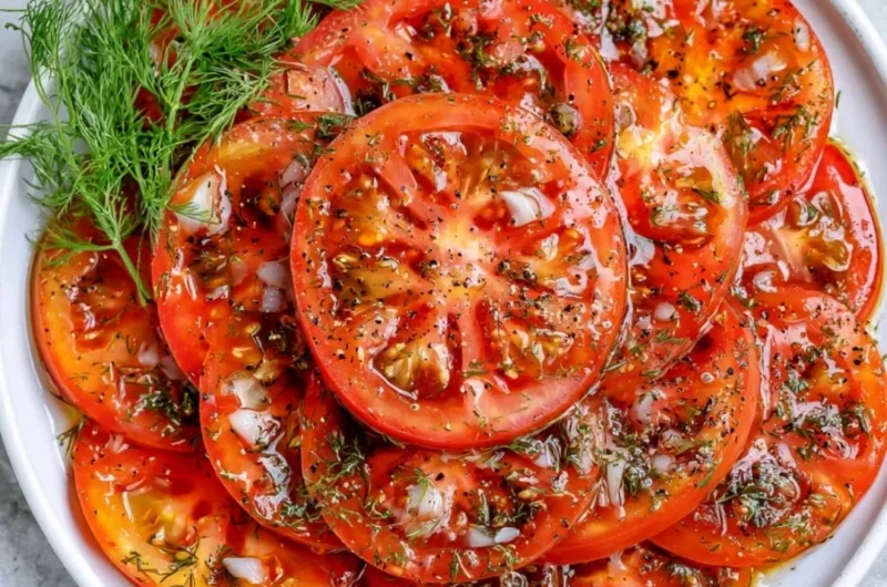 Fresh tomato salad with herbs and spices served in a cozy setting.