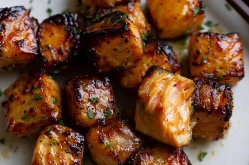 Air Fryer honey garlic salmon bites served on a plate with herbs