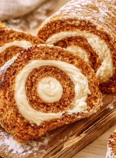 Delicious copycat Libby's pumpkin roll with cream cheese filling