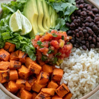Cozy black bean sweet potato burrito bowl filled with fresh ingredients