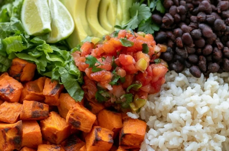 Cozy black bean sweet potato burrito bowl filled with fresh ingredients